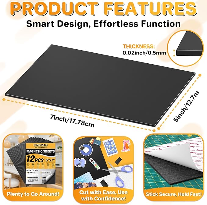 FINDMAG Magnet Sheets Adhesive, 5" x 7" 12 Pack Magnetic Stickers with 3M Self Adhesive Backing, Cuttable and Flexible Magnetic Sheets for Refrigerator, Magnet Strips with Stickers for Craft and DIY