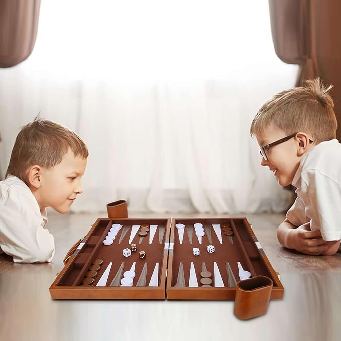 Backgammon Set - Classic Board Game with Premium Leather Case - Portable Travel Strategy Backgammon Game Set for Adults, Kids - Suitable as (15inch, Brown)