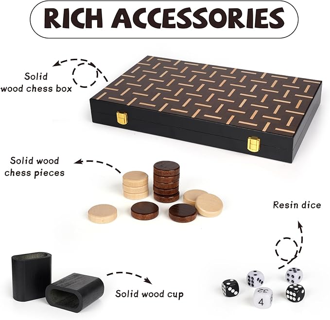 15" Wooden Backgammon Board Game Set for Adults and Kids - Portable and Travel Backgammon Set Family Game Night Vintage Backgammon Strategy Game- Classic Board Strategy Game