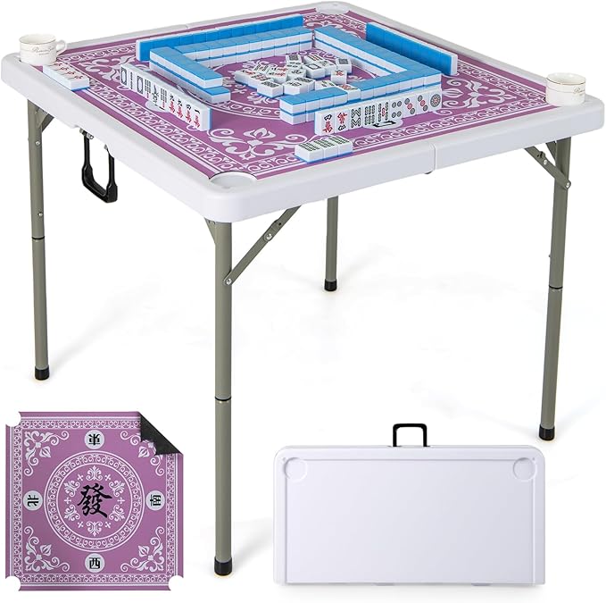 Giantex Folding Mahjong Table, 35" Square Card Table with Cup Holders, Removable Noise Reduction Mat, HDPE Tabletop, 4-Player Portable Domino Tables for Poker Blackjack Board Game (Pink)