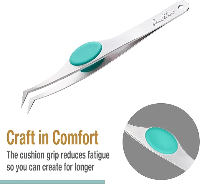 Beaditive High Precision Angled Tip Tweezers with Cushion Grip - 4.7" Craft Tweezers for Sewing, Beading & DIY Crafts - Non-Serrated Jewelry Tweezers with Fine Angled Tips - Stainless Steel (Teal)