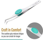Beaditive High Precision Angled Tip Tweezers with Cushion Grip - 4.7" Craft Tweezers for Sewing, Beading & DIY Crafts - Non-Serrated Jewelry Tweezers with Fine Angled Tips - Stainless Steel (Teal)