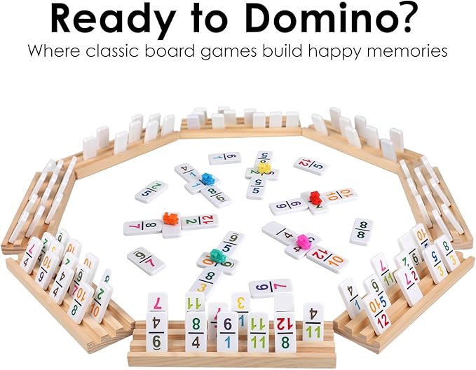 Mexican Train Dominoes Set Double 12 Colored Number Dominos with 8 Wooden Racks & 91 Tiles Portable Travel Case Classic Family Board Game Cognitive Strategy Game for Adults Kids