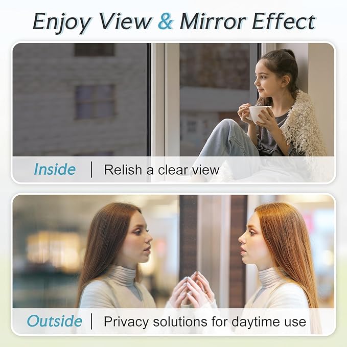 DOWELL One Way Window Privacy Film with 3 Tools Window Tint for Home Sun Blocking Heat Control Anti UV Reflective Mirror Covering See Out Not in for House and Office Black Silver 35.4" X 78.7"