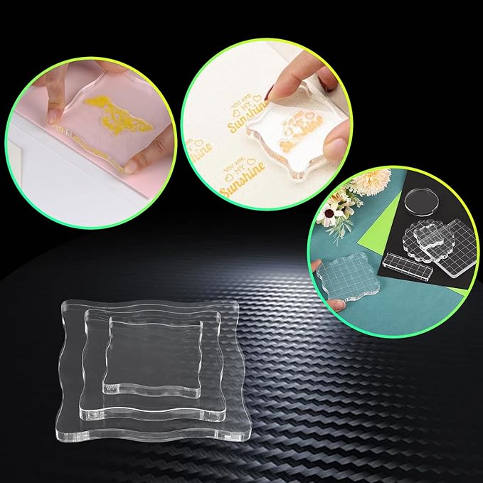 3-Piece Clear Acrylic Stamp Blocks - Wavy Blocks with Grid Lines for Scrapbooking Crafts