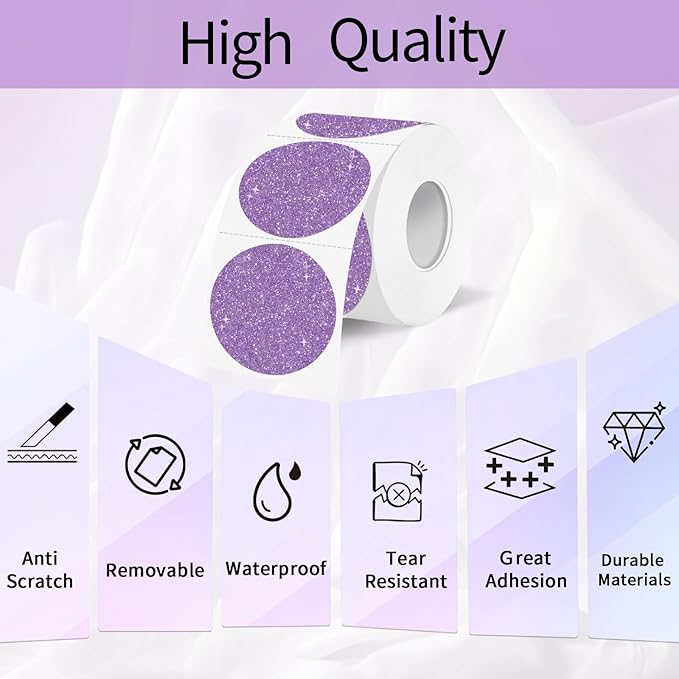 1.5" Holographic Direct Thermal Label Stickers, Round Printable Thermal Printer Sticker Labels for Gift Wrapping, Self-Adhesive- Glitter Purple
