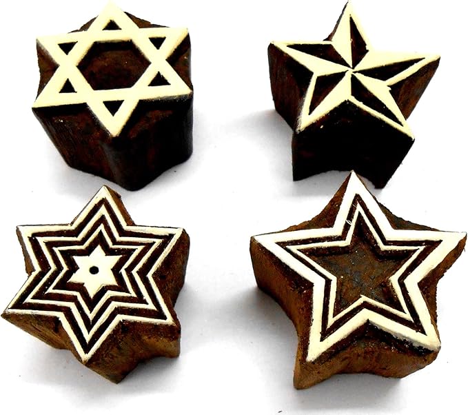 Shining Four Stars Wooden Blocks Stamps for Printing on Textiles, Pottery Crafts,Henna, Scrapbooking (Set of 4)