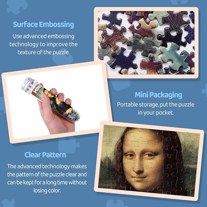 150 Puzzles Mini Jigsaw for Adults & Kids, 6 x 4 Small Capsule Tube Sets - Starry Night Mona Lisa Sunflower Pack