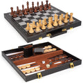 Chess Checkers Backgammon Set 3-in-1 Board Games Sets for Kids & Adults，15" Folding Magnetic Chess Set Leather Chess Board Strategy Game Portable Travel Chess Game with Magnetic Chess Pieces
