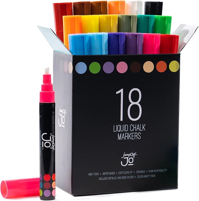 JumpOff Jo – Liquid Chalk Markers – Reversible Chisel and Round Tip – Multi Color (18)