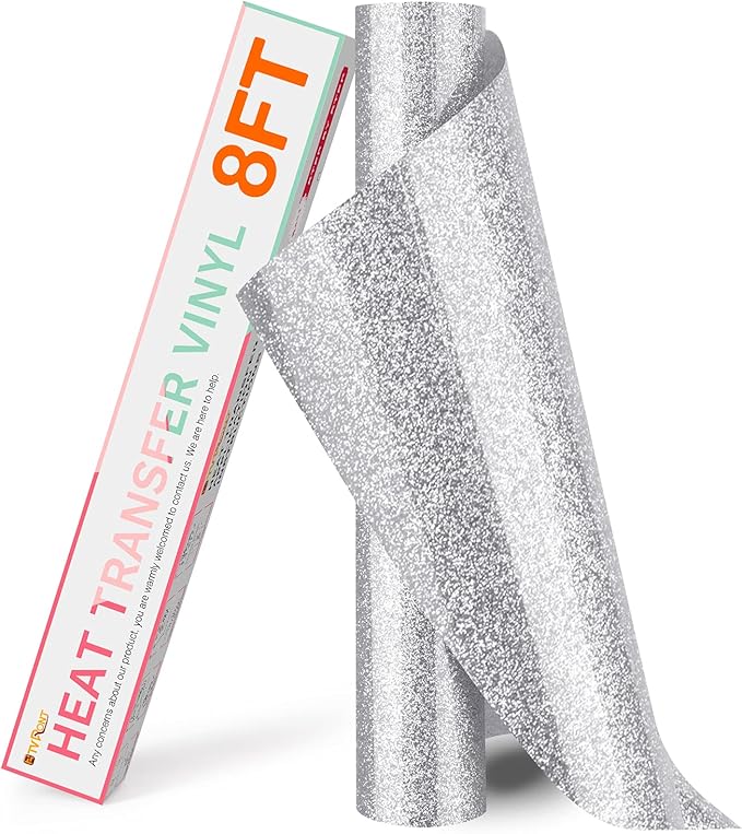 HTVRONT Silver Glitter HTV Heat Transfer Vinyl Rolls - 10" x 8ft Silver Glitter HTV Vinyl for Shirts, Glitter Iron on Vinyl for All Cutter Machine - Easy to Cut & Weed for Heat Vinyl Design (Silver)