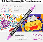 50 Colors Dual Tip Acrylic Paint Pens Cotton Nib Markers with Quick Dry Ink (1mm Fine & 5mm Dot Tips) Rock Painting, Wood, Fabric, Glass DIY Art Supplies for Adults Kids, Christmas Gifts