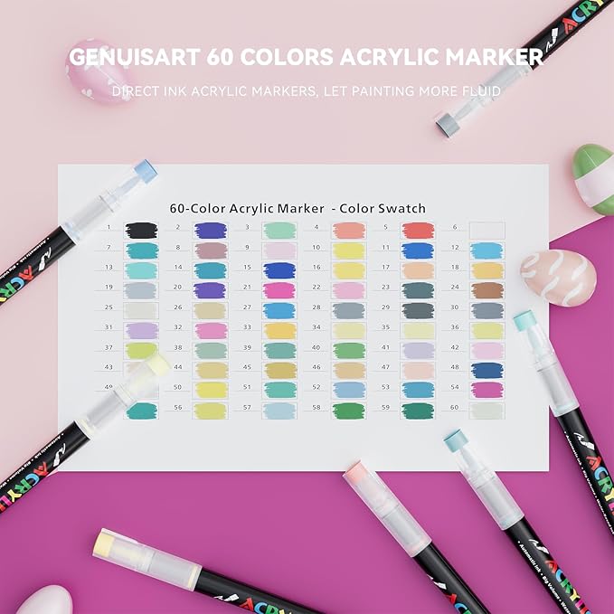 60 Colors Acrylic Marker With Brush Tip Automatic Ink Control, Water Based Ink Paint Markers For Rock Painting, Canvas, Wood, Ceramic, Glass, Stone, Fabric, DIY Crafts Textile & Art Supplies