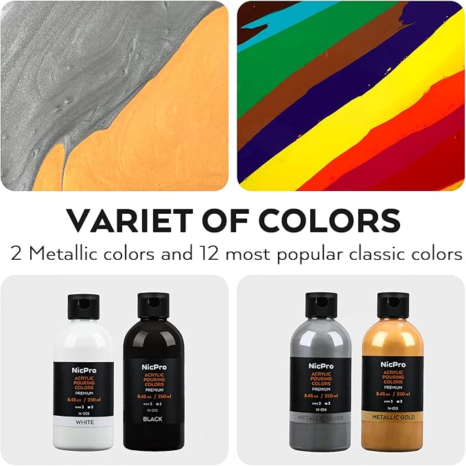 Nicpro 14 Colors 8.45oz Acrylic Pouring Paint Kit, Large Volume Premixed High Flow Pour Paints Supplies with Canvas, Wood Natural Slices, Pouring Oil, Gloves, Strainer, Cups for Beginner DIY Crafts
