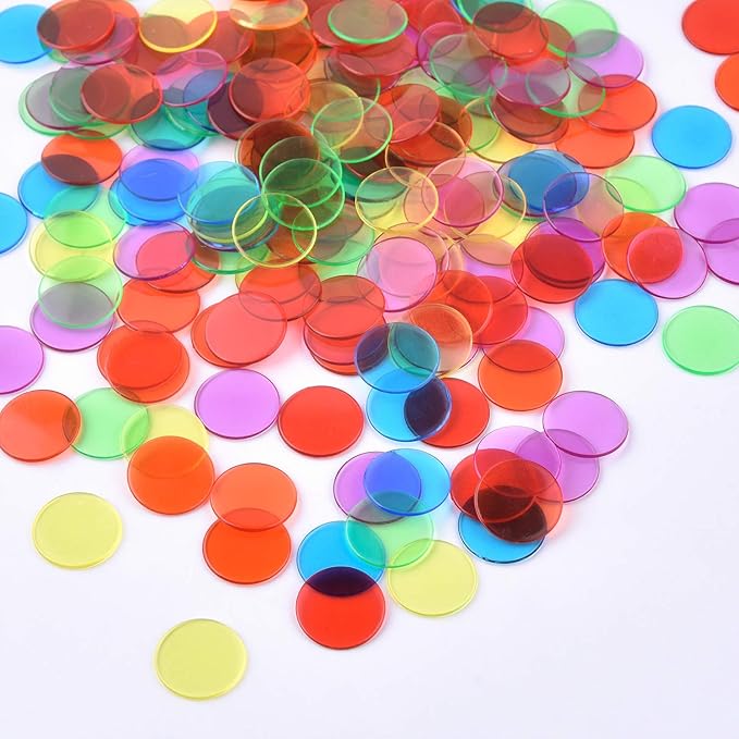 Coopay 300 Pieces Counters Counting Chips Plastic Markers Mixed Transparent Colors for Bingo Chips Game Tokens, Contain White, Blue, Green, Yellow, Red, Purple Colors