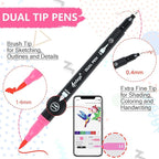 100 Colors Numbered Dual Tip Brush Pens with Free App, Fine and Brush Tips Pens for Adults and Kids, Coloring Markers for Coloring Book Bullet Journaling Note Taking Planner Hand Lettering