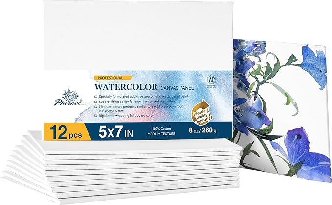 PHOENIX Watercolor Canvas Boards for Painting - 5x7 Inch/12 Pack, 100% Cotton Water Color Small Canvas Panels, 8 Oz. / 260g White Blank Medium Texture Flat Canvases for Water Based Paints