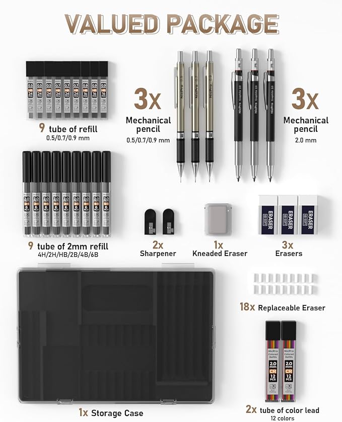 Nicpro 35PCS Art Mechanical Pencil Set, 3 PCS Metal Drafting Pencil 0.5 mm & 0.7 mm & 0.9 mm & 3 PCS 2mm Lead Holder (6B 4B 2B HB 2H 4H Colors) For Sketching Drawing With 20 Tube Lead Refills Case