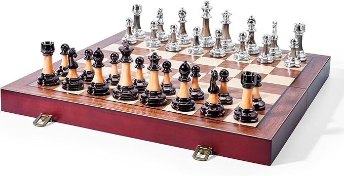 VAMSLOVE Chess Set Large 16''/42cm Folding Wooden Board with Deluxe Weighted Acrylic Chess Pieces - 3.5" King with Storage Slots for Adults House Warming Retirement Gift