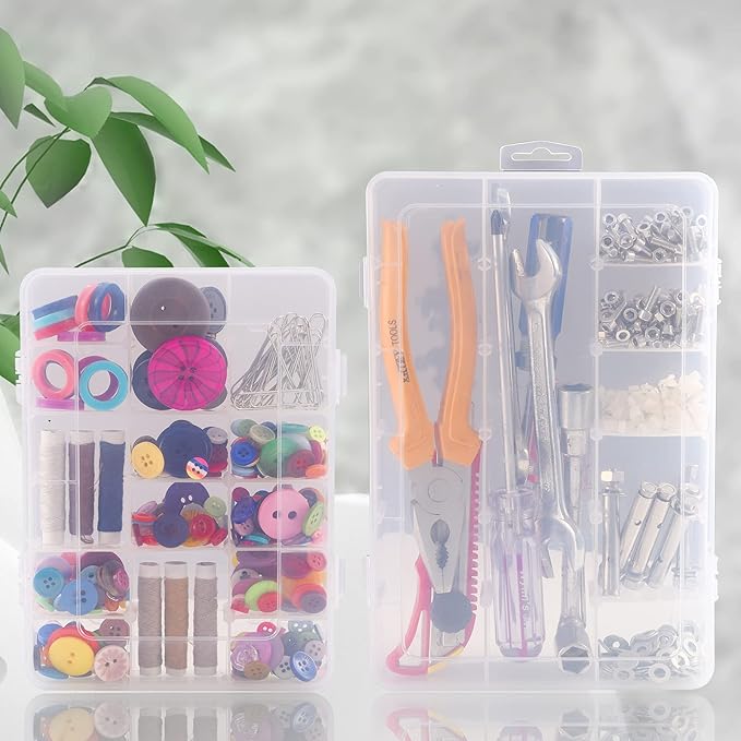 18 Grids Plastic Organizer Box with Dividers, Clear Compartment Container Storage for Beads Crafts Jewelry Fishing Tackles, Size 7.9 x 6.2 x 1.2 in
