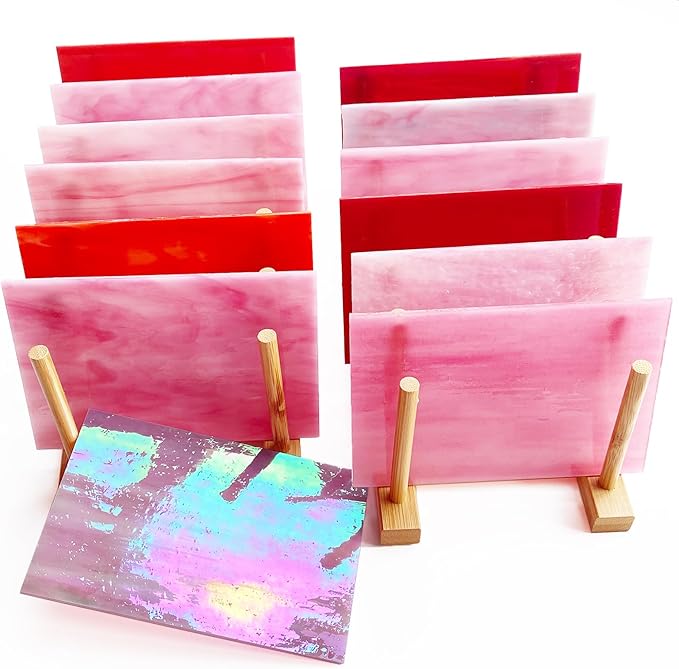 ILLUCKAI 12 Sheets Mixed Red Pink Stained Glass Sheets, 4 x 6 inch Stained Glass Supplies Mosaic Glass Tiles for Crafts, Cathedral Glass Art Glass for Stained Glass Beginners and Hobbyists