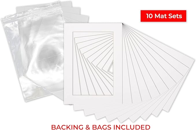 5x7 Mat for 8.5x11 Frame - Precut Mat Board Acid-Free Show Kit with Backing Board, and Clear Bags White 5x7 Photo Matte Made to Fit a 8.5x11 Picture Frame Matboard for Framing, Pack of 10 Mats