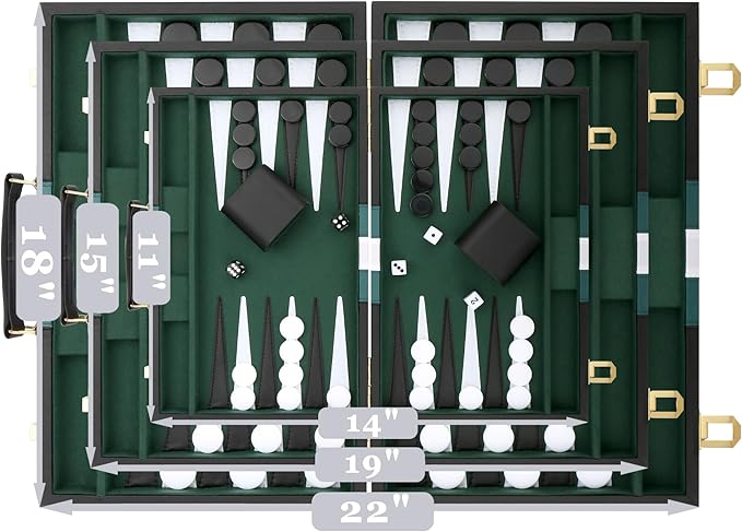 Backgammon Set - Classic Board Game with Premium Leather Case - Portable Travel Strategy Backgammon Game Set for Adults, Kids - Suitable as (15inch, Black)