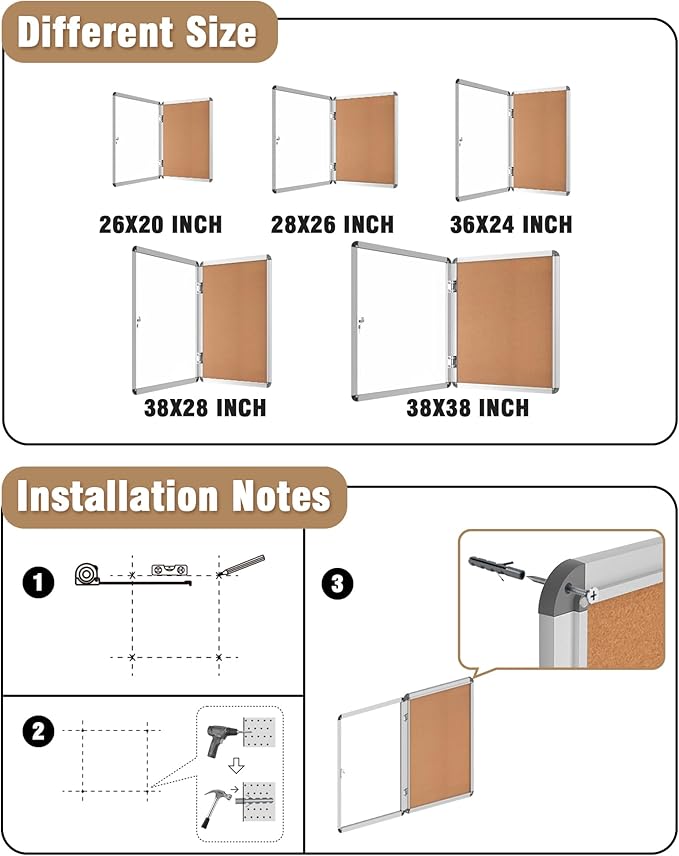 38"x38" Enclosed Bulletin Board, Lockable Weather-Resistant Aluminum Cork Noticeboard for School & Office, Silver Frame w/Cork