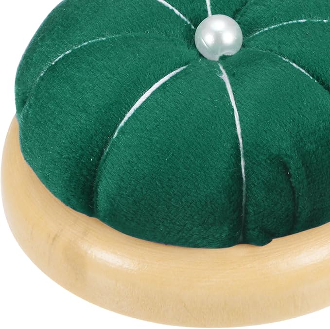 HARFINGTON Wooden Base Pin Cushion Japanese Style Cute Needle Holder Pincushions Round for Sewing Quilting Needlework DIY Crafts, Dark Green