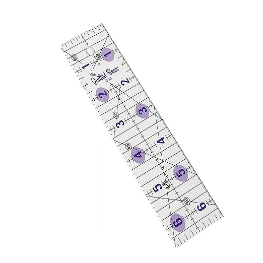 The Quilted Bear Quilting Rulers - Transparent Acrylic Non Slip Quilting, Patchwork & Sewing Ruler with Clear Black Lines & 30, 45 & 60 Degree Angles for Perfect Accuracy & Precision (2" x 6.5")