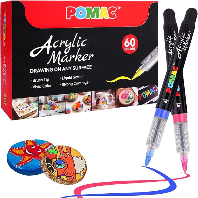 POMAC 60 Colors Acrylic Paint Markers, Water-Based Acrylic Pens Brush Tip, Art Drawing Liquid Paint Pens for Fabric, Canvas, Rock, Glass, Wood, Paper, DIY Crafts and Art Supplies
