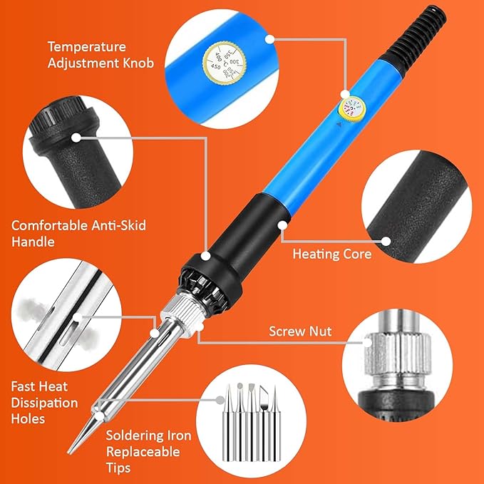 Electric Sodering Iron Kit set 110V 60W Adjustable Temperature Soldering Iron Digital Multimeter 5pcs Soldering Tips Solder Wire Stand, Desoldering Pump Tweezers Welding Tool Screwdriver wire stripper