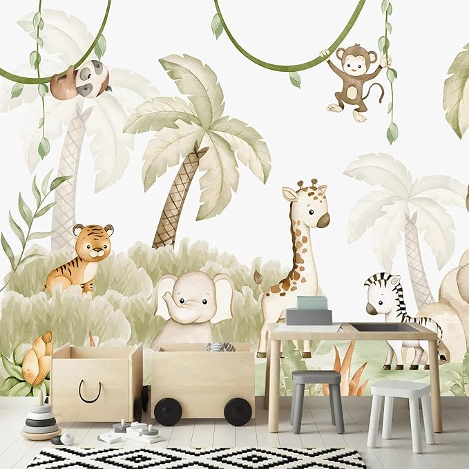 AFZEVEB-Safari Wallpaper Watercolor Animal Nursery Wall murals for Kids Room 136"x96"(Not Peel and Stick)