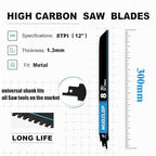 2 Pack 12 inch Reciprocating Saw Blades Set， 8 TPI High Carbon Saw Blades for Metal ，Saw Blades with Organizer Case (2, 8T/12inch)