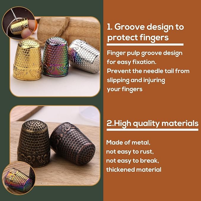 Nitlak 24 Pcs Metal Sewing Thimbles for Hand Sewing, Metal Finger Protectors, Sewing Thimble Ring with Needle Threader, Needles with Storage Container, Plastic Storage Box for Hand DIY Sewing