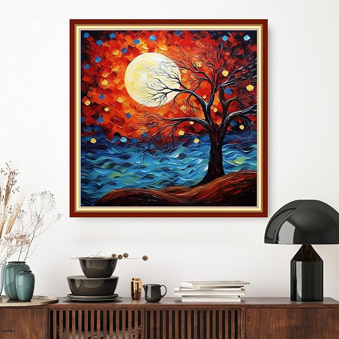 Dimxvean Stamped Cross Stitch Kits,Cross Stitch Kits for Adults Beginners,Embroidery Kits Full Range of Cross Stitch Stamped Kits Needlepoint Kits Cross Stitch Patterns-Moon Tree 18x18 inch