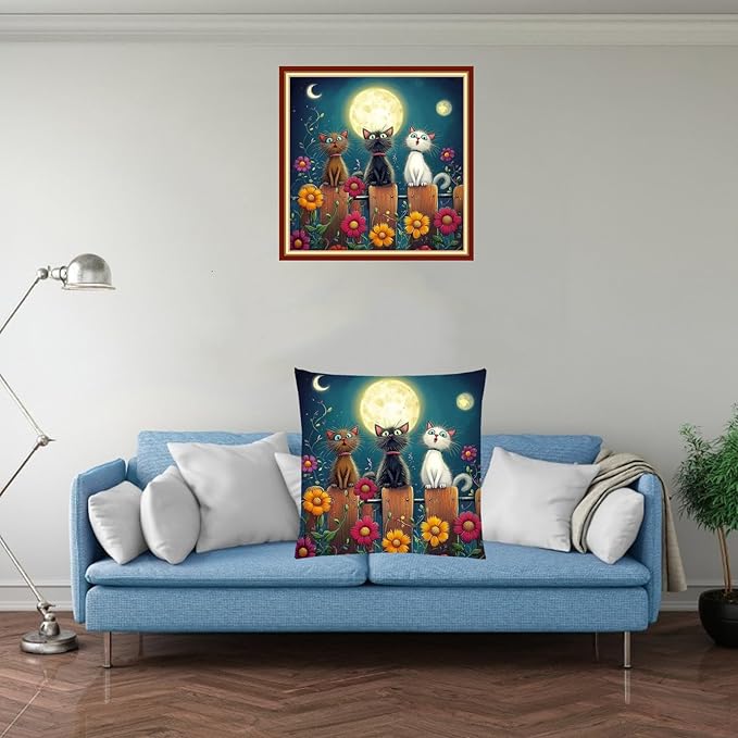 Fanxvivy Stamped Cross Stitch Kits for Adults Beginners Pillow Needlepoint Kit with Embroidery Pattern Needlework Kit Prestamped Stitches Kit 11CT Cross Stitching-Three Cats Admiring Moon 18x18 inch