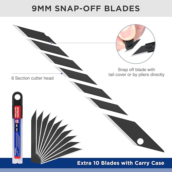 WORKPRO Premium Utility Knife Retractable Snap-off Blade, Heavy Duty Aluminum Box Cutter Set, Razor Knife Exacto Craft Knives, with 10 Extra 9mm Blades, Pack of 5