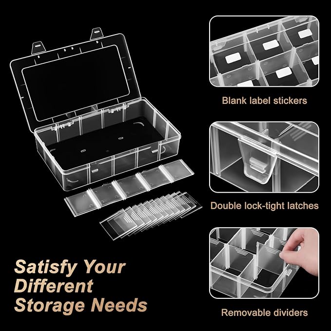 15 Grids Large Plastic Organizer Box with Adjustable Dividers, Clear Craft Organizer and Storage Tackle Box Compartment Container with Label Stickers for Beads, Jewelries, Tools