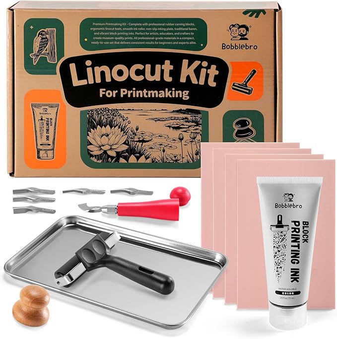 Linoleum Blocks for Printmaking, Stamp Carving Linocut Kit, Linocut Tools Block Screen Printing Kit with Cutters Carving Tools, Linocut Block, Printing Ink, Brayer Roller, Baren for Beginners DIY Gift