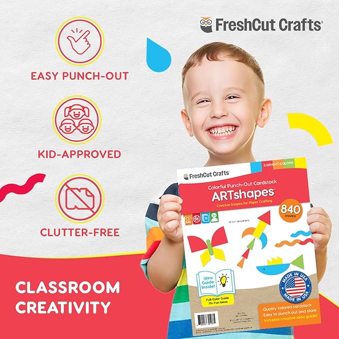 ARTshapes 840 pc Creative Paper Shapes Pack with 70+ Idea Guide - US Made Card Stock - Punch Out Funky DIY Craft Supplies for Whimsical Art Designs, Paper Crafts, and Pattern Play 5 Bright Colors