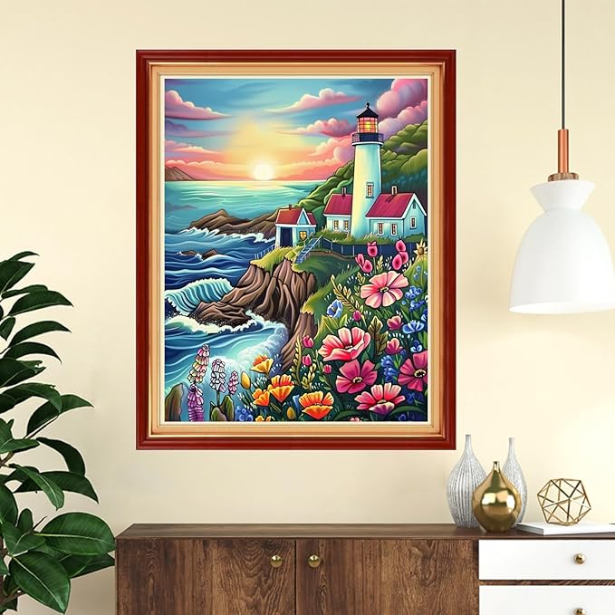 Funchey Stamped Cross Stitch Kits, DIY Cross Stitch Pattern for Adults Beginners Needlepoint Kits Embroidery Kit Arts and Crafts 11CT-Sunrise Seaside Lighthouse 16x20 inchs