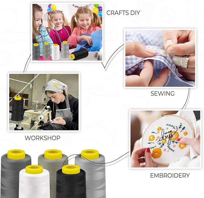 3000 Yards Serger Thread, 5 Colors Cones of All Purpose Thread for Sewing, Polyester Thread 40S/2 for Serger&Overlock, Quilting, Piecing, Sewing Machine