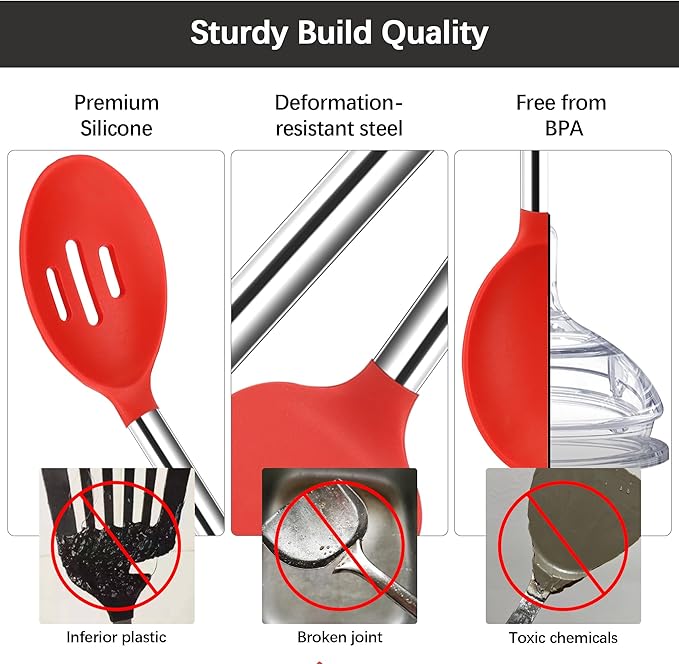 Silicone Spatula Spoon Set, 4 PCS Silicone Cooking Utensils Spatula Spoon Set with Stainless Steel Handle, BPA Free Kitchen Turners for Frying, Mixing, Serving, Draining, Turning, Stirring, Red