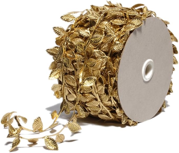 BASOKAN Gold Leaves Leaf Ribbon Trim Rope - 20 Yards - for Garland DIY Crafts and Party Wedding Home Decorations (Gold)