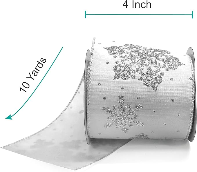 CT CRAFT LLC White Satin with Silver Snowflake Wired Ribbon 4 Inch x 10 Yards for Christmas Home Decor Tree Topper Bow Gift Wrapping DIY Crafts Wreath Garland