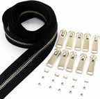 Leekayer #5 Metal Zippers Roll Bulk 2 Yards Black Zipper by The Yards with 10 pcs Sliders Light Gold Teeth Zipper for Sewing Bag Craft Backpack, Wallets, Purses Handmade