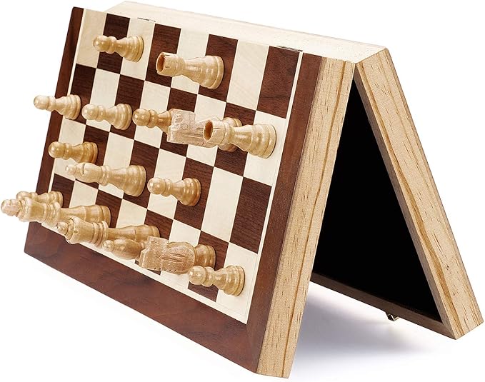 AMEROUS Chess Set, 15"x15" Folding Magnetic Wooden Standard Chess Game Board Set with Wooden Crafted Pieces and Chessmen Storage Slots