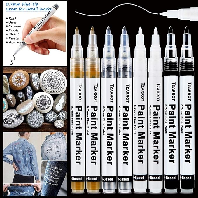TZARROT White Paint Pen, 8 Pack 0.7mm Acrylic Paint Pens with 2 White 2 Black 2 Gold 2 Silver Permanent Marker for Wood Rock Fabric Metal Plastic Ceramic Acrylic Markers Extra Fine Tip