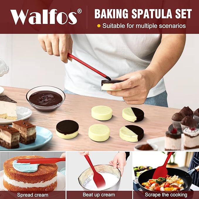 Walfos Silicone Spatula Set of 5-600°F Heat Resistant Kitchen Scraper Spatulas, Strong Steel Core and One-Pieces Seamless Design, Great for Cooking Mixing & Baking - BPA Free & Dishwasher Safe (Red)